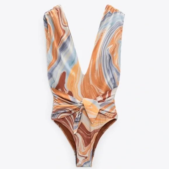 NWT Zara Marble Printed One Piece Swimsuit - Picture 1 of 9